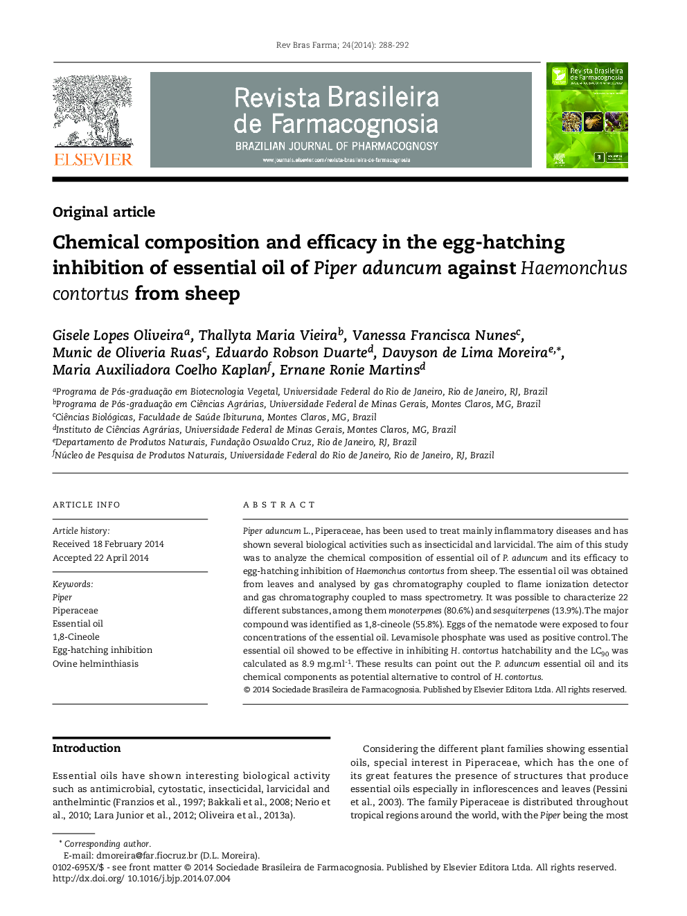 Chemical composition and efficacy in the egg-hatching inhibition of essential oil of Piper aduncum against Haemonchus contortus from sheep