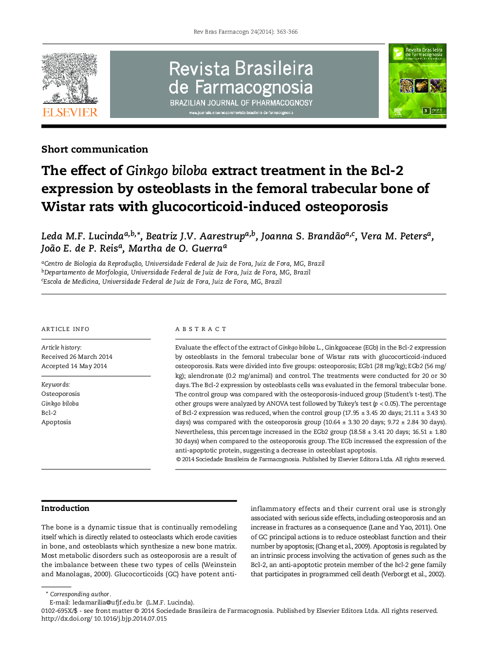 The effect of Ginkgo biloba extract treatment in the Bcl-2 expression by osteoblasts in the femoral trabecular bone of Wistar rats with glucocorticoid-induced osteoporosis