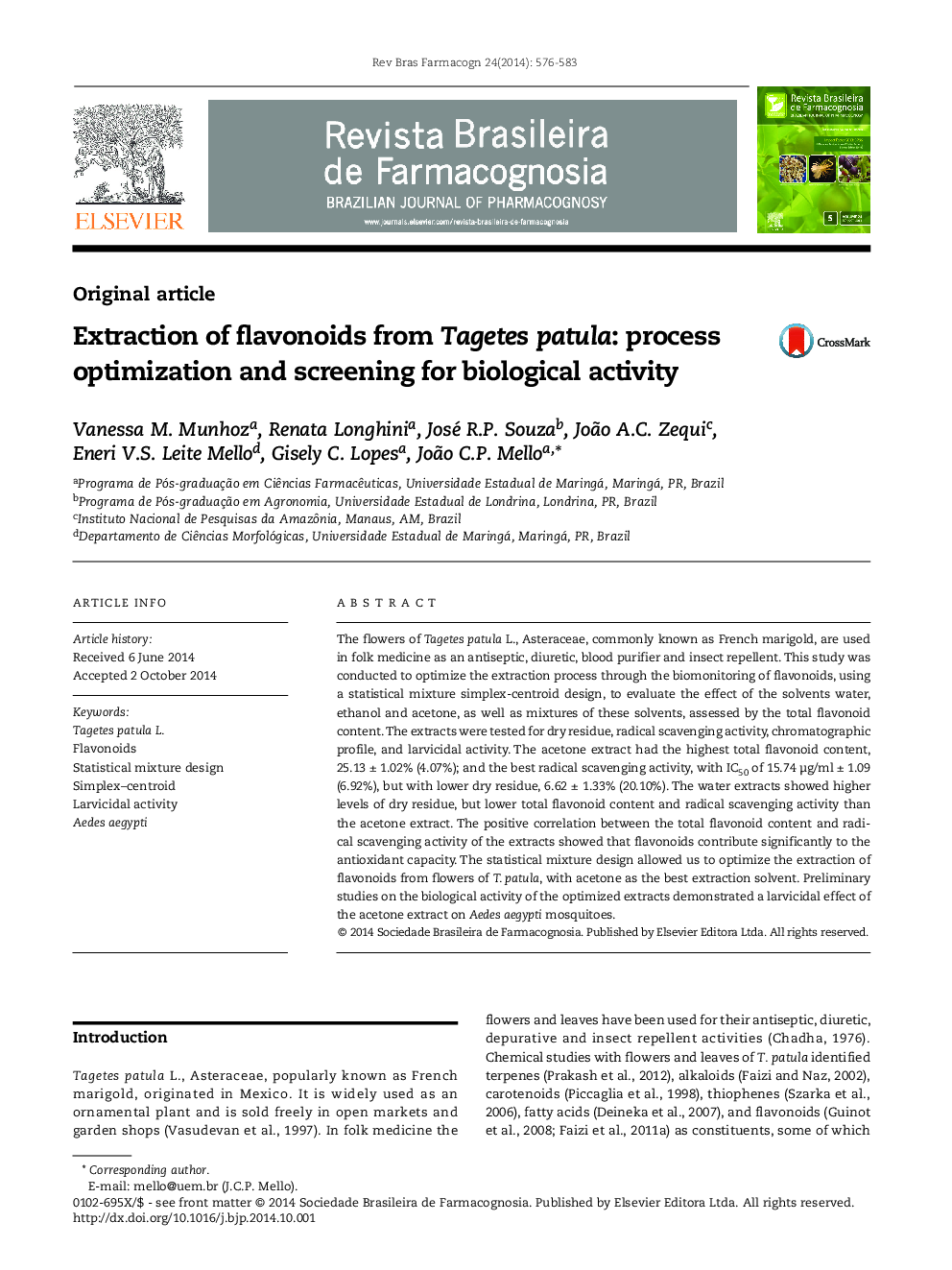 Extraction of flavonoids from Tagetes patula: process optimization and screening for biological activity