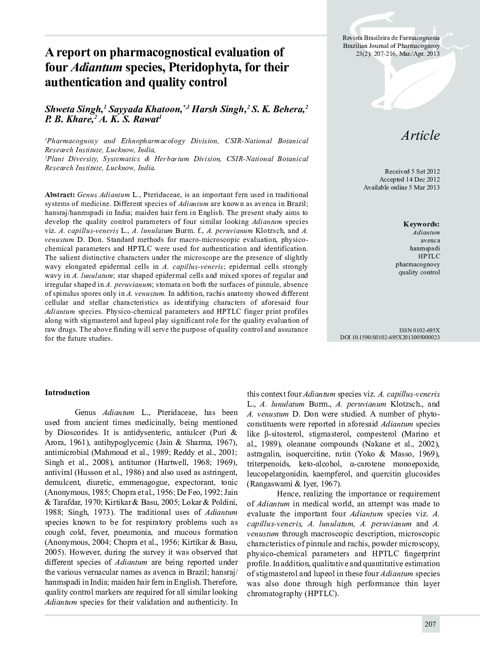 A report on pharmacognostical evaluation of four Adiantum species, Pteridophyta, for their authentication and quality control