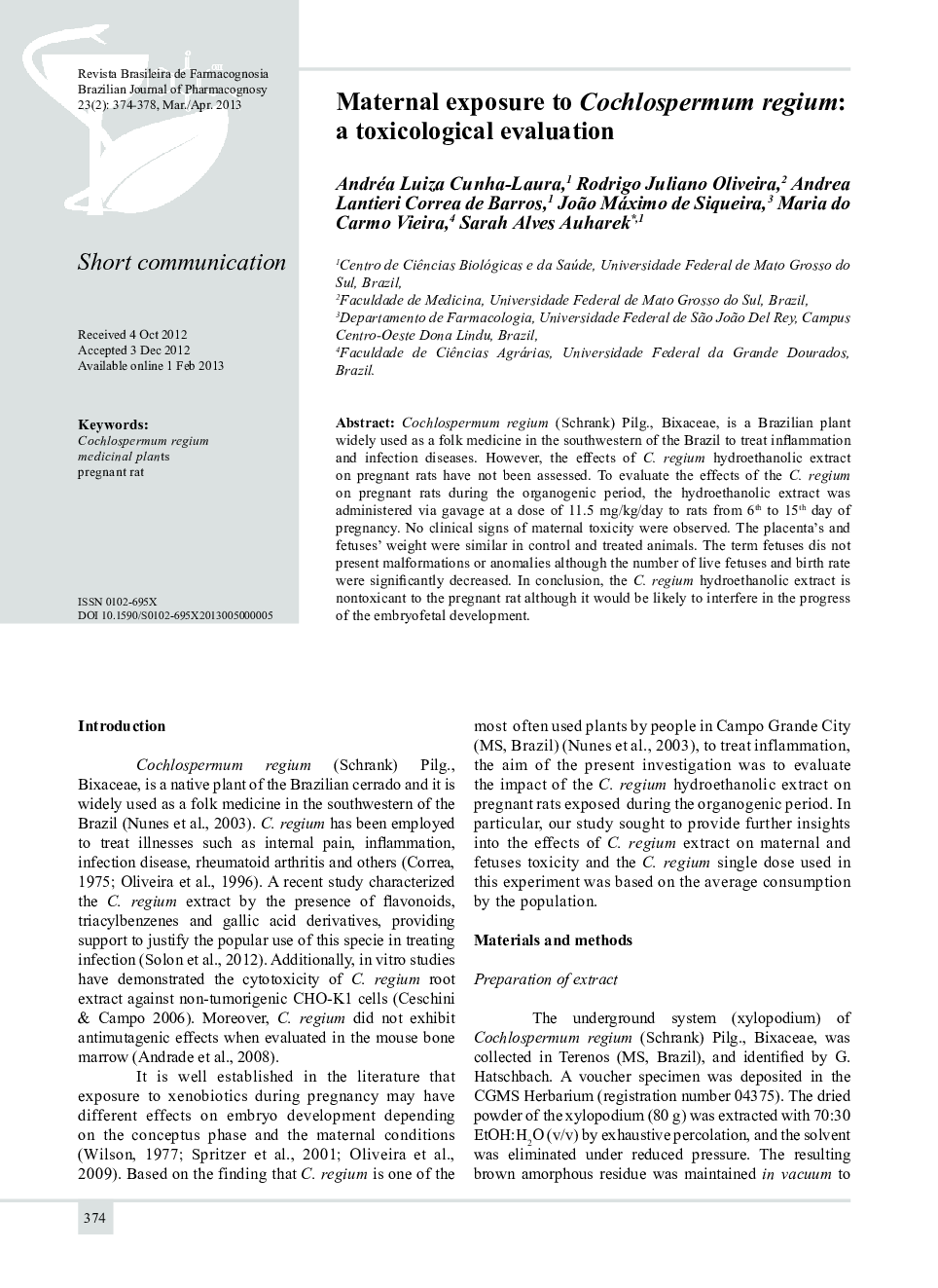 عکس صفحه اول مقاله: Maternal exposure to Cochlospermum regium: a toxicological evaluation Maternal exposure to Cochlospermum regium: a toxicological evaluation