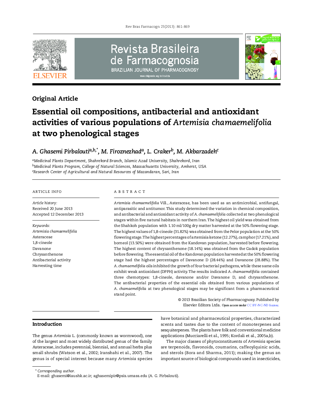 Essential oil compositions, antibacterial and antioxidant activities of various populations of Artemisia chamaemelifolia at two phenological stages