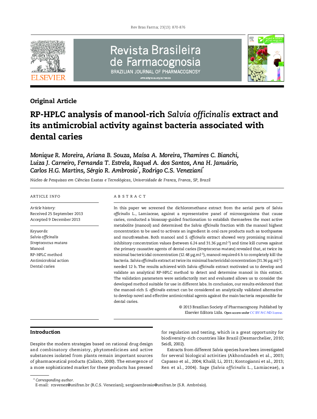 RP-HPLC analysis of manool-rich Salvia officinalis extract and its antimicrobial activity against bacteria associated with dental caries