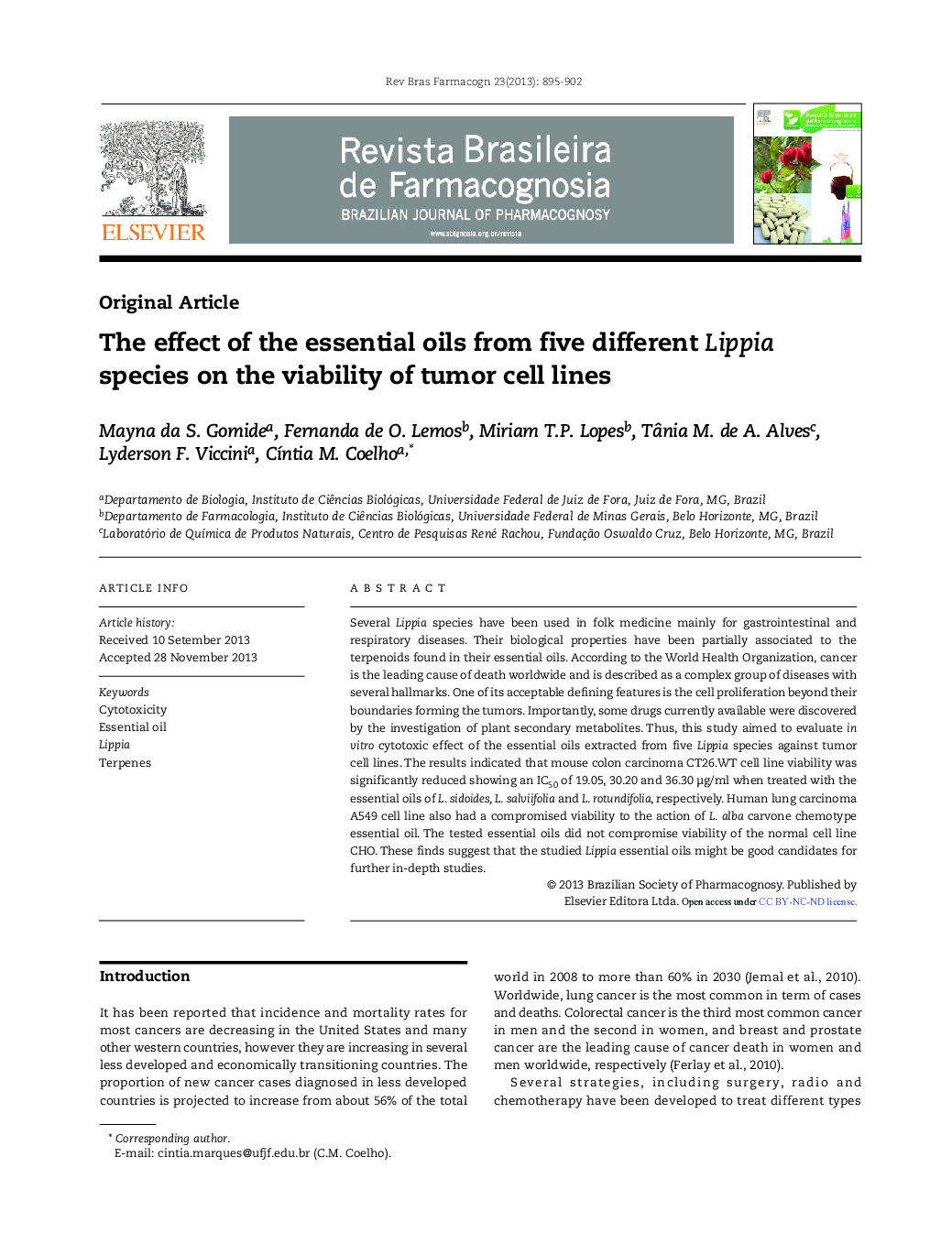 The effect of the essential oils from five different Lippia species on the viability of tumor cell lines