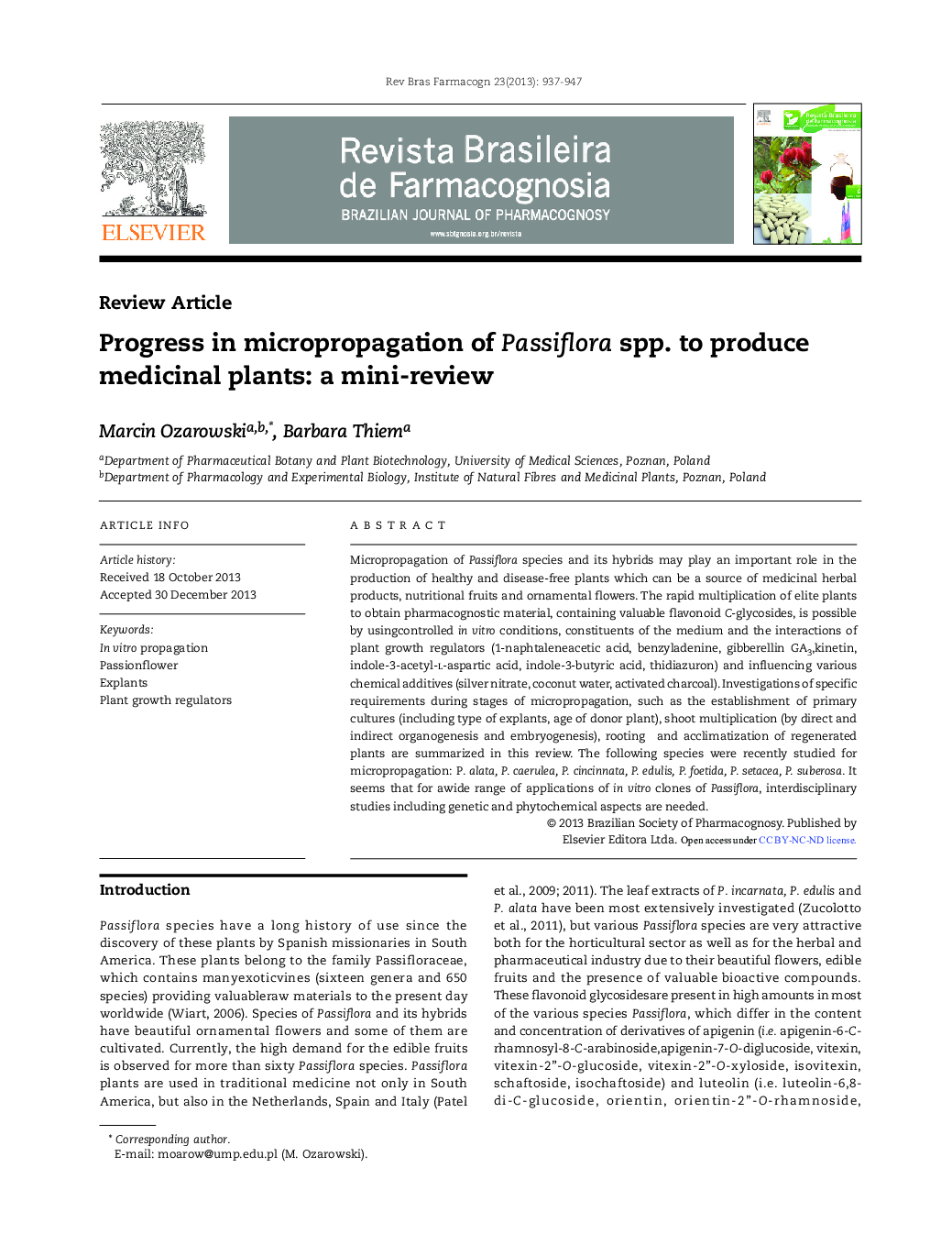 Progress in micropropagation of Passiflora spp. to produce medicinal plants: a mini-review