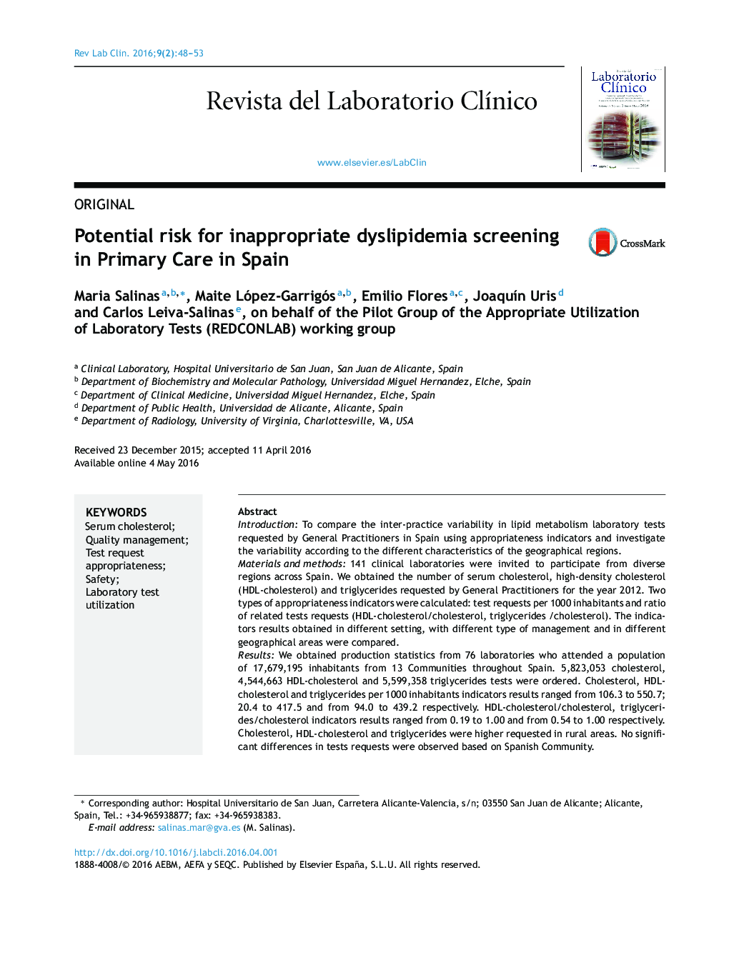 Potential risk for inappropriate dyslipidemia screening in Primary Care in Spain