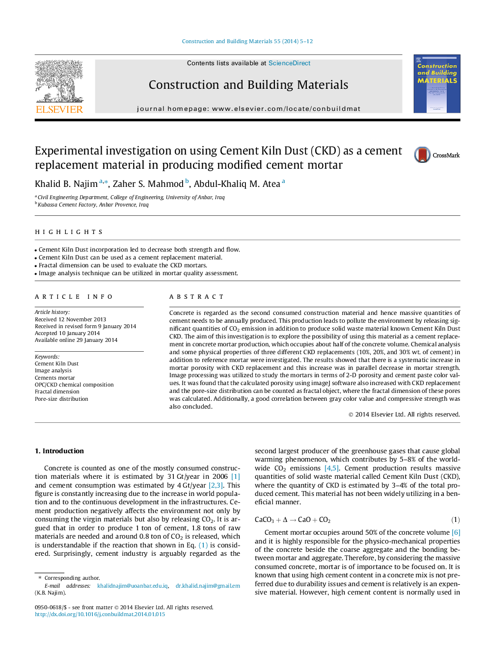 Experimental investigation on using Cement Kiln Dust (CKD) as a cement replacement material in producing modified cement mortar