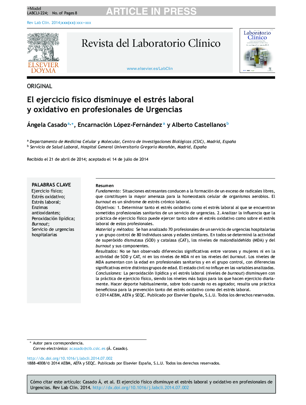 El ejercicio fÃ­sico disminuye el estrés laboral y oxidativo en profesionales de Urgencias