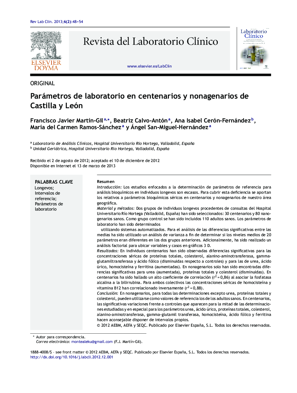 Parámetros de laboratorio en centenarios y nonagenarios de Castilla y León