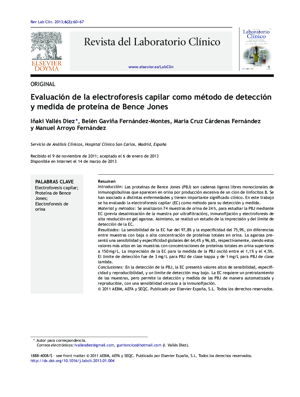 عکس صفحه اول مقاله: Evaluación de la electroforesis capilar como método de detección y medida de proteÃna de Bence Jones Evaluación de la electroforesis capilar como método de detección y medida de proteÃna de Bence Jones