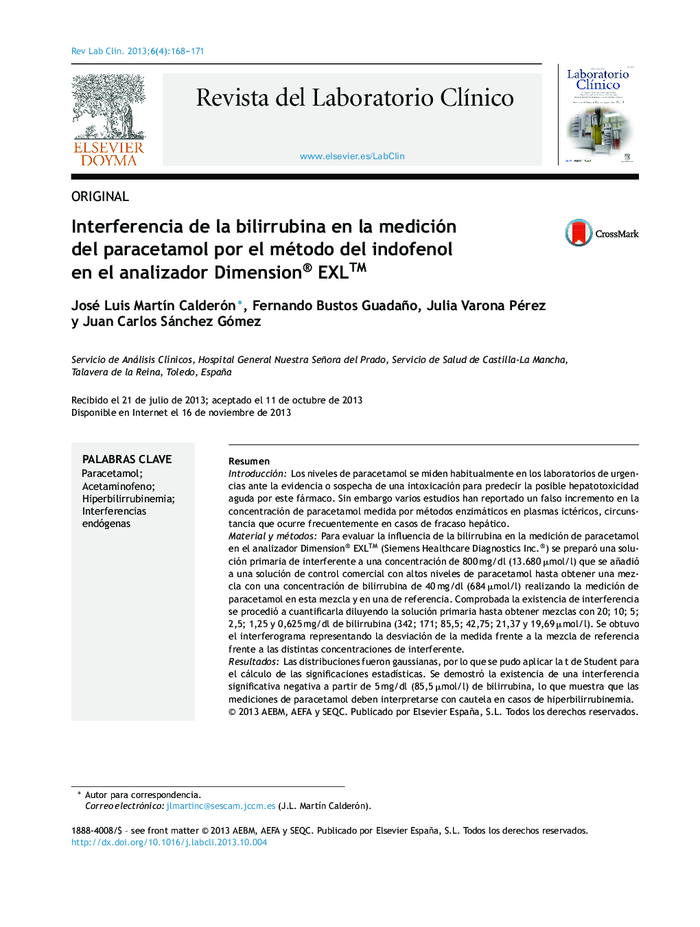 Interferencia de la bilirrubina en la medición del paracetamol por el método del indofenol en el analizador Dimension® EXLâ¢