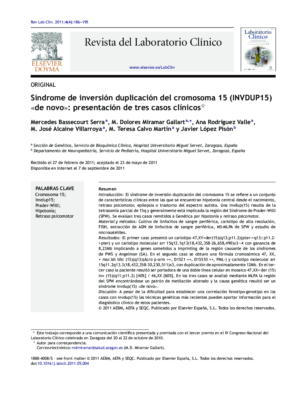 عکس صفحه اول مقاله: SÃndrome de inversión duplicación del cromosoma 15 (INVDUP15) «de novo»: presentación de tres casos clÃnicos SÃndrome de inversión duplicación del cromosoma 15 (INVDUP15) «de novo»: presentación de tres casos clÃnicos