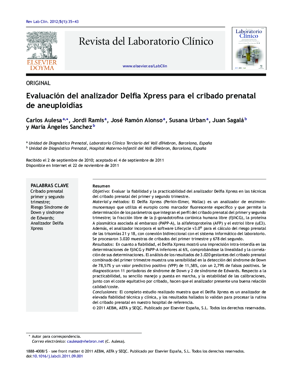 Evaluación del analizador Delfia Xpress para el cribado prenatal de aneuploidÃ­as