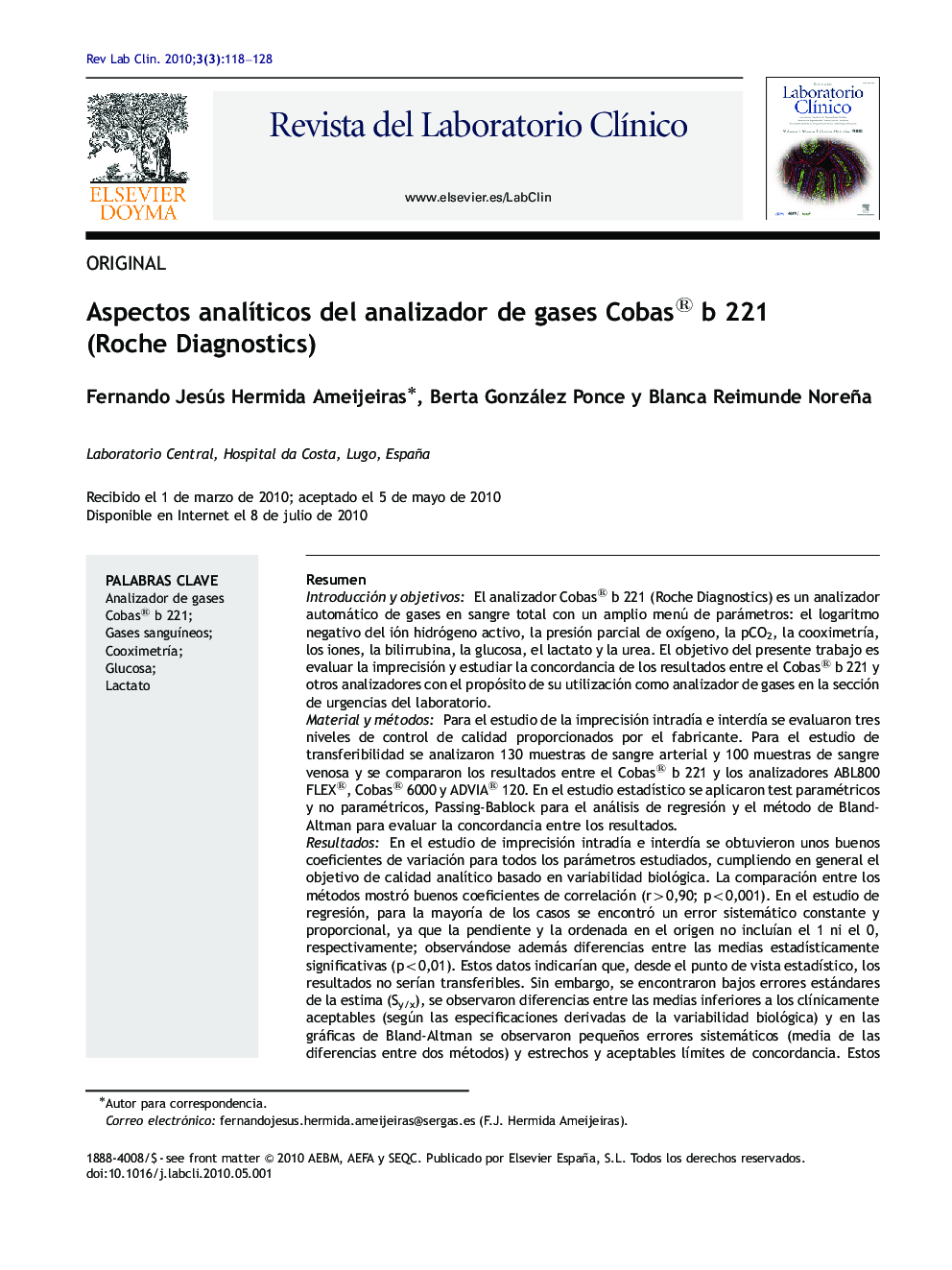 Aspectos analÃ­ticos del analizador de gases Cobas® b 221 (Roche Diagnostics)