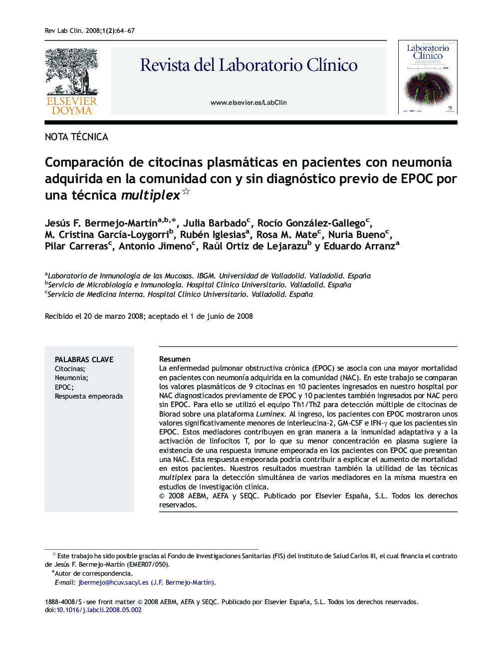 Comparación de citocinas plasmáticas en pacientes con neumonÃ­a adquirida en la comunidad con y sin diagnóstico previo de EPOC por una técnica multiplex