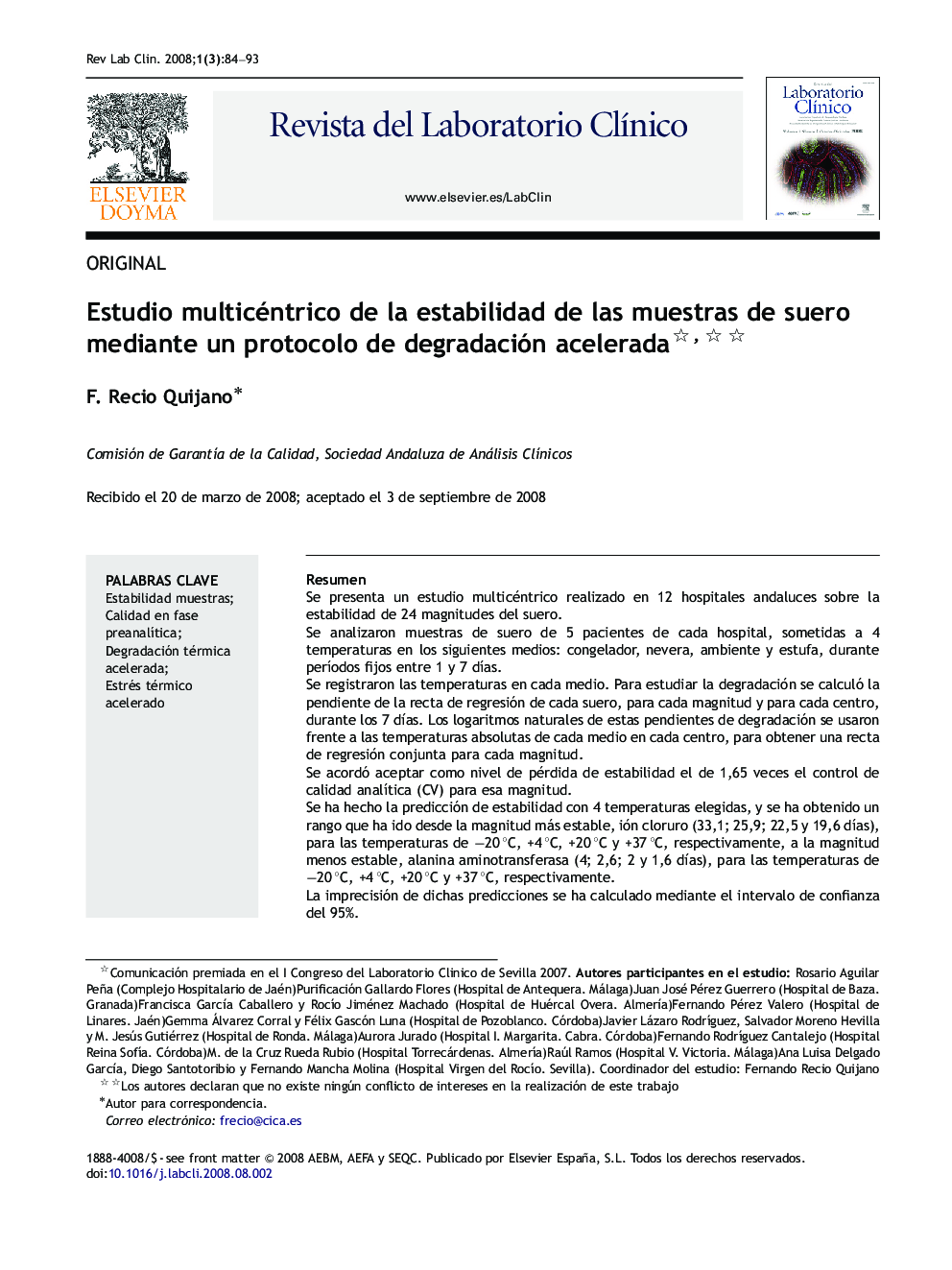 عکس صفحه اول مقاله: Estudio multicéntrico de la estabilidad de las muestras de suero mediante un protocolo de degradación acelerada Estudio multicéntrico de la estabilidad de las muestras de suero mediante un protocolo de degradación acelerada