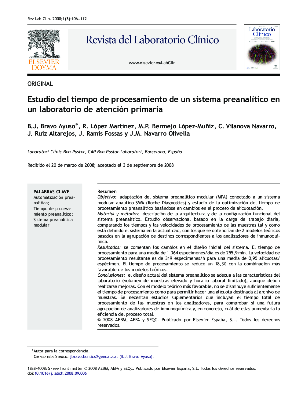 عکس صفحه اول مقاله: Estudio del tiempo de procesamiento de un sistema preanalÃtico en un laboratorio de atención primaria Estudio del tiempo de procesamiento de un sistema preanalÃtico en un laboratorio de atención primaria