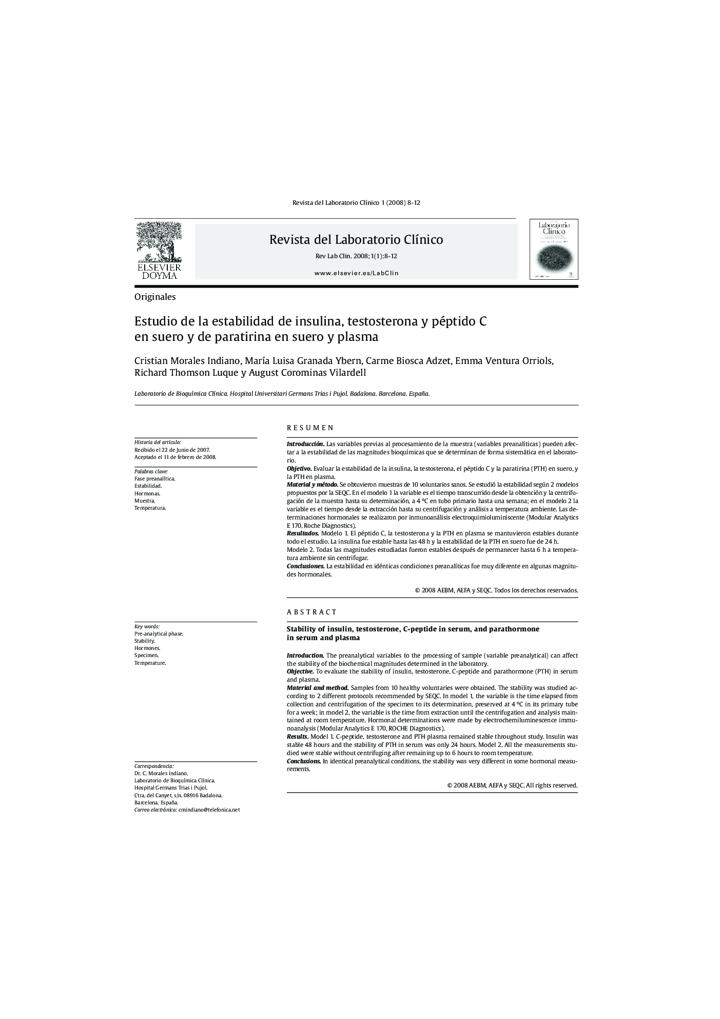 Estudio de la estabilidad de insulina, testosterona y péptido C en suero y de paratirina en suero y plasma