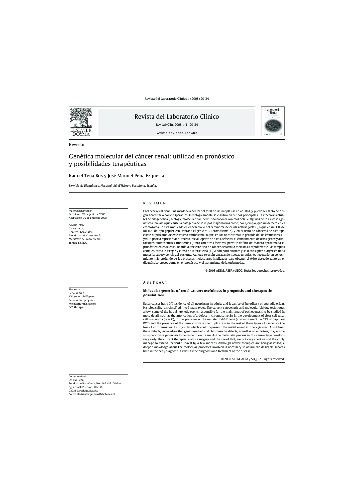 Genética molecular del cáncer renal: utilidad en pronóstico y posibilidades terapéuticas