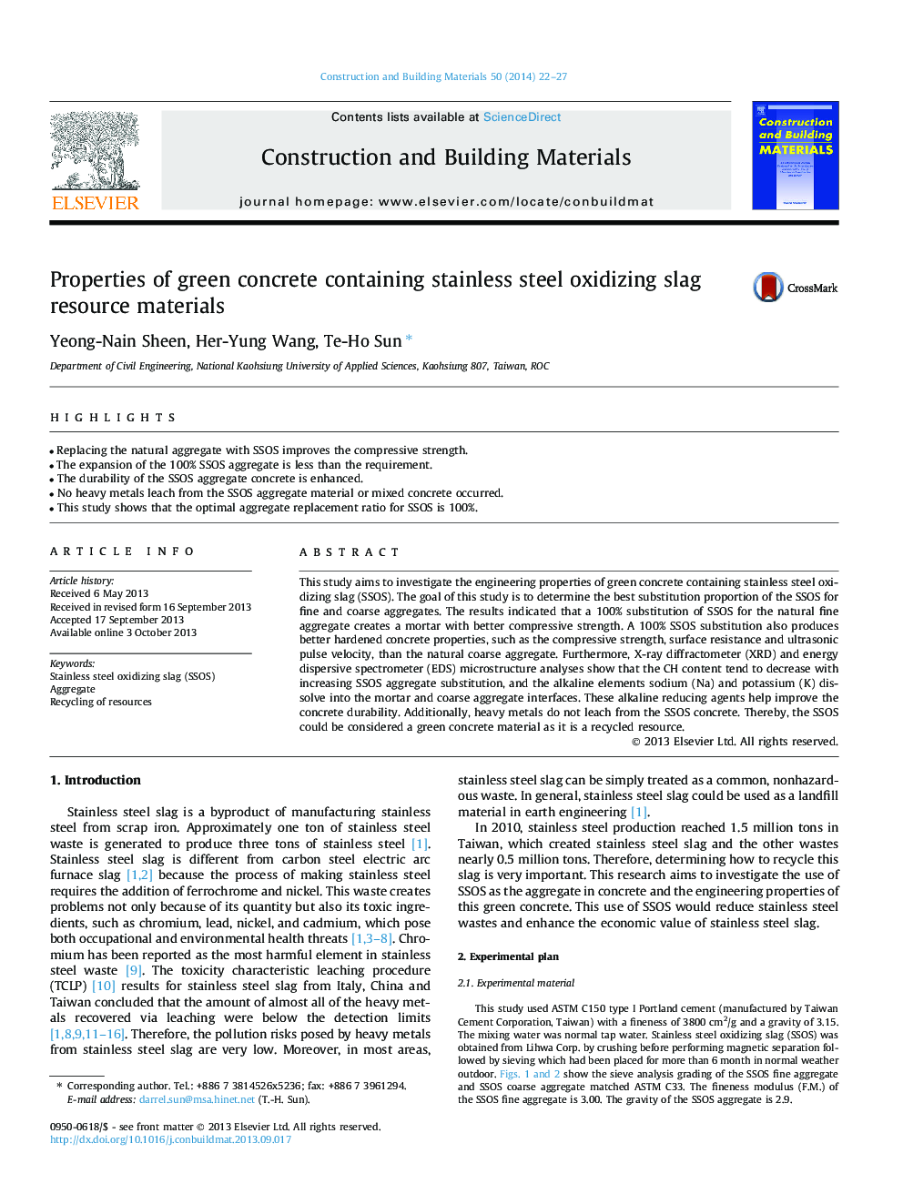 Properties of green concrete containing stainless steel oxidizing slag resource materials