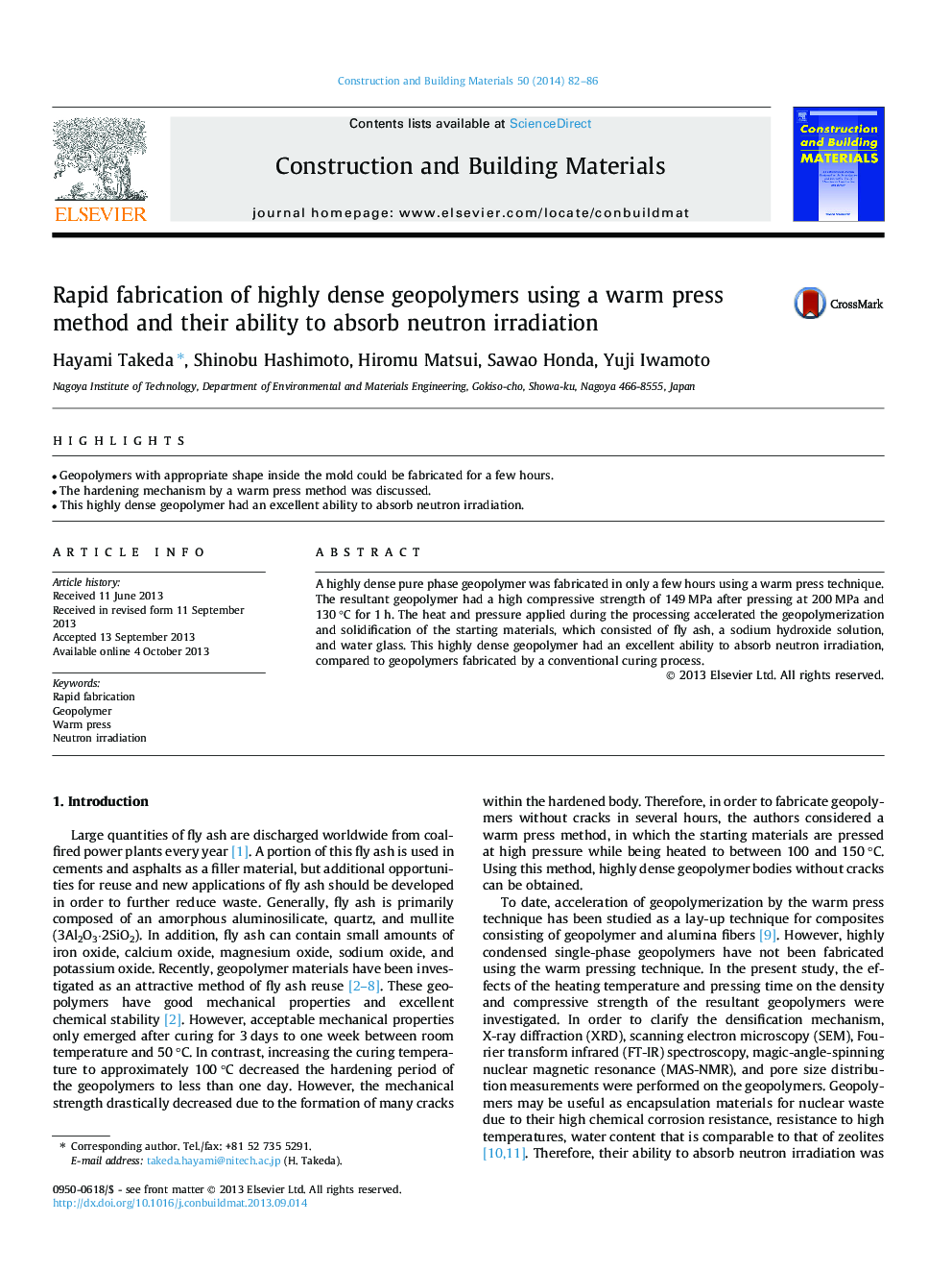 Rapid fabrication of highly dense geopolymers using a warm press method and their ability to absorb neutron irradiation