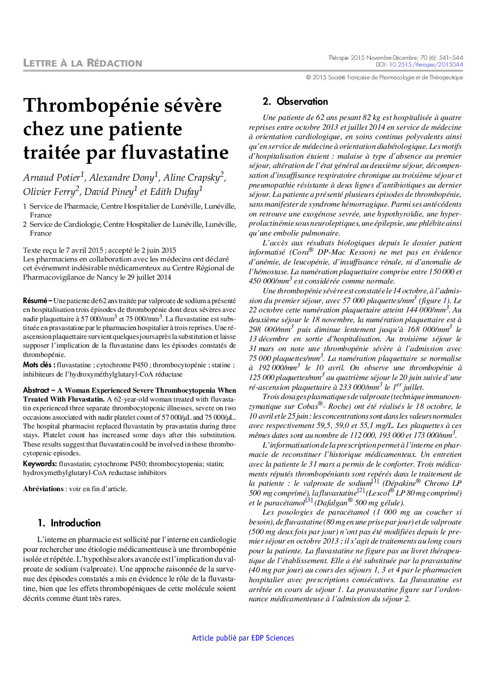 Thrombopénie sévÃ¨re chez une patiente traitée par fluvastatine