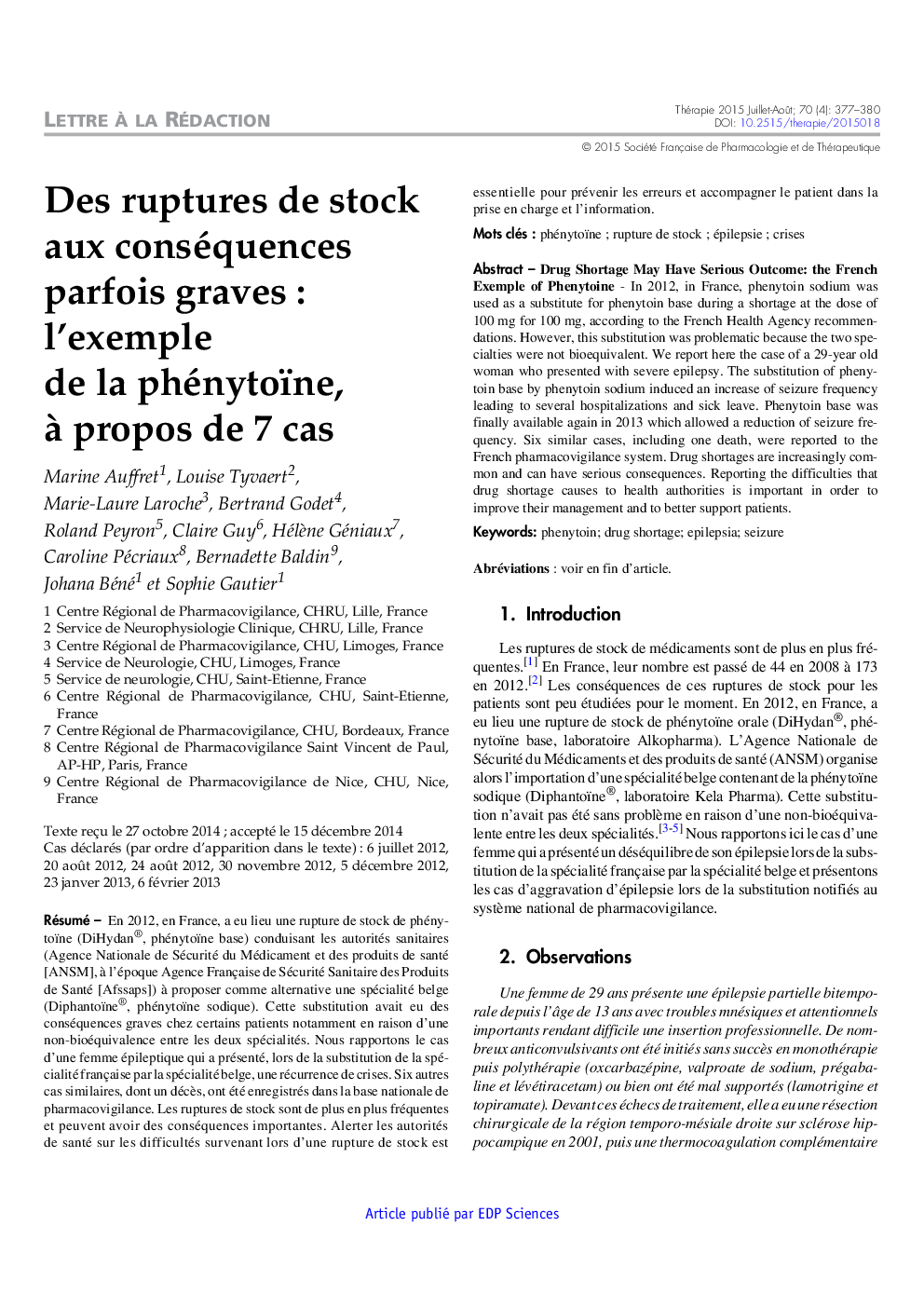 Des ruptures de stock aux conséquences parfois graves : l'exemple de la phénytoïne, Ã  propos de 7 cas