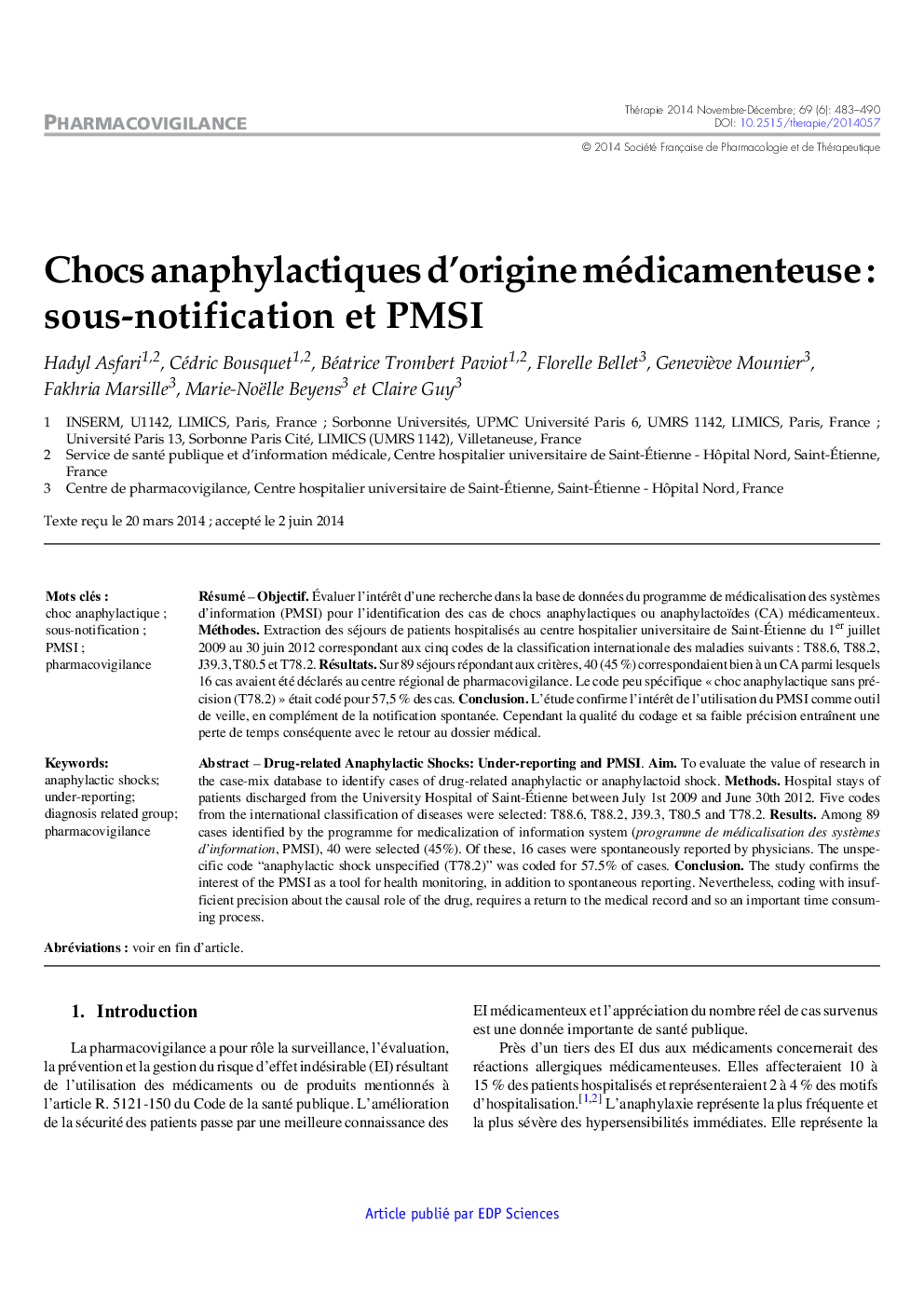 Chocs anaphylactiques d'origine médicamenteuse : sous-notification et PMSI