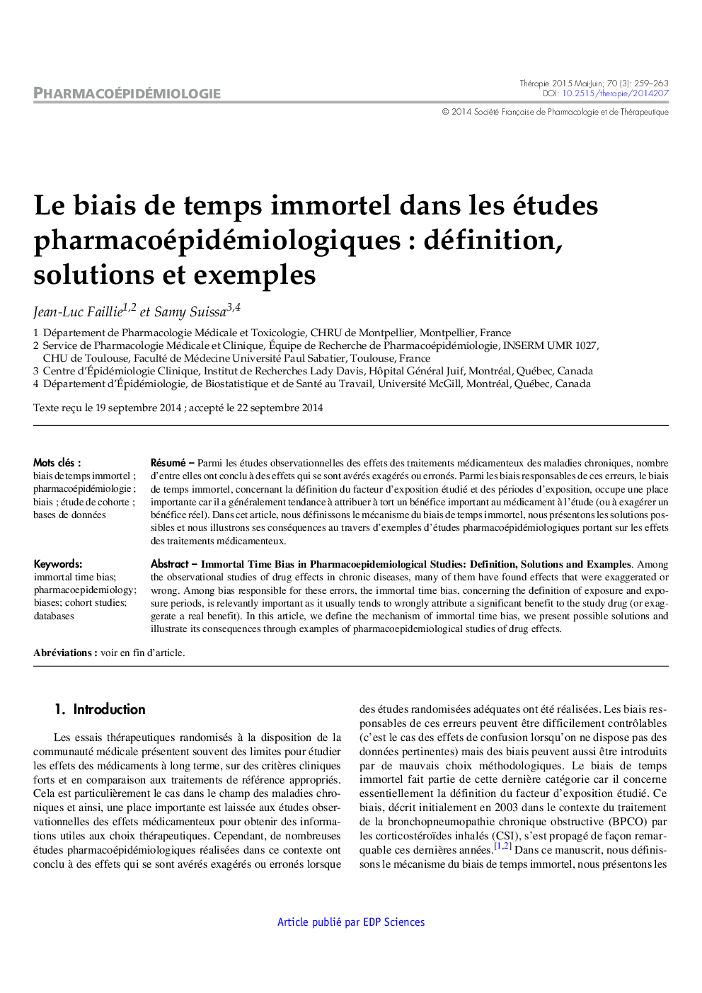 Le biais de temps immortel dans les études pharmacoépidémiologiques : définition, solutions et exemples