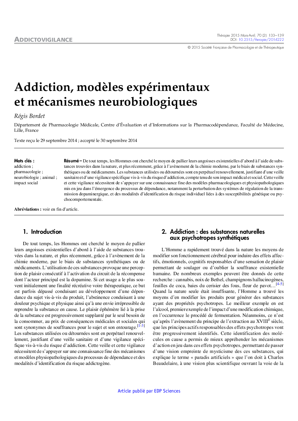 Addiction, modÃ¨les expérimentaux et mécanismes neurobiologiques