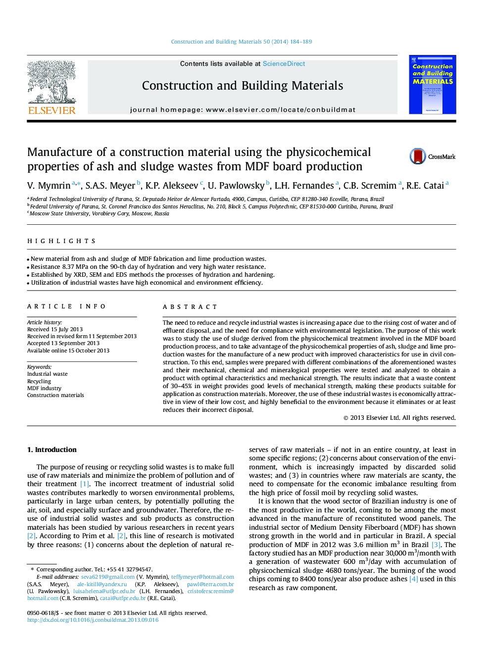 Manufacture of a construction material using the physicochemical properties of ash and sludge wastes from MDF board production