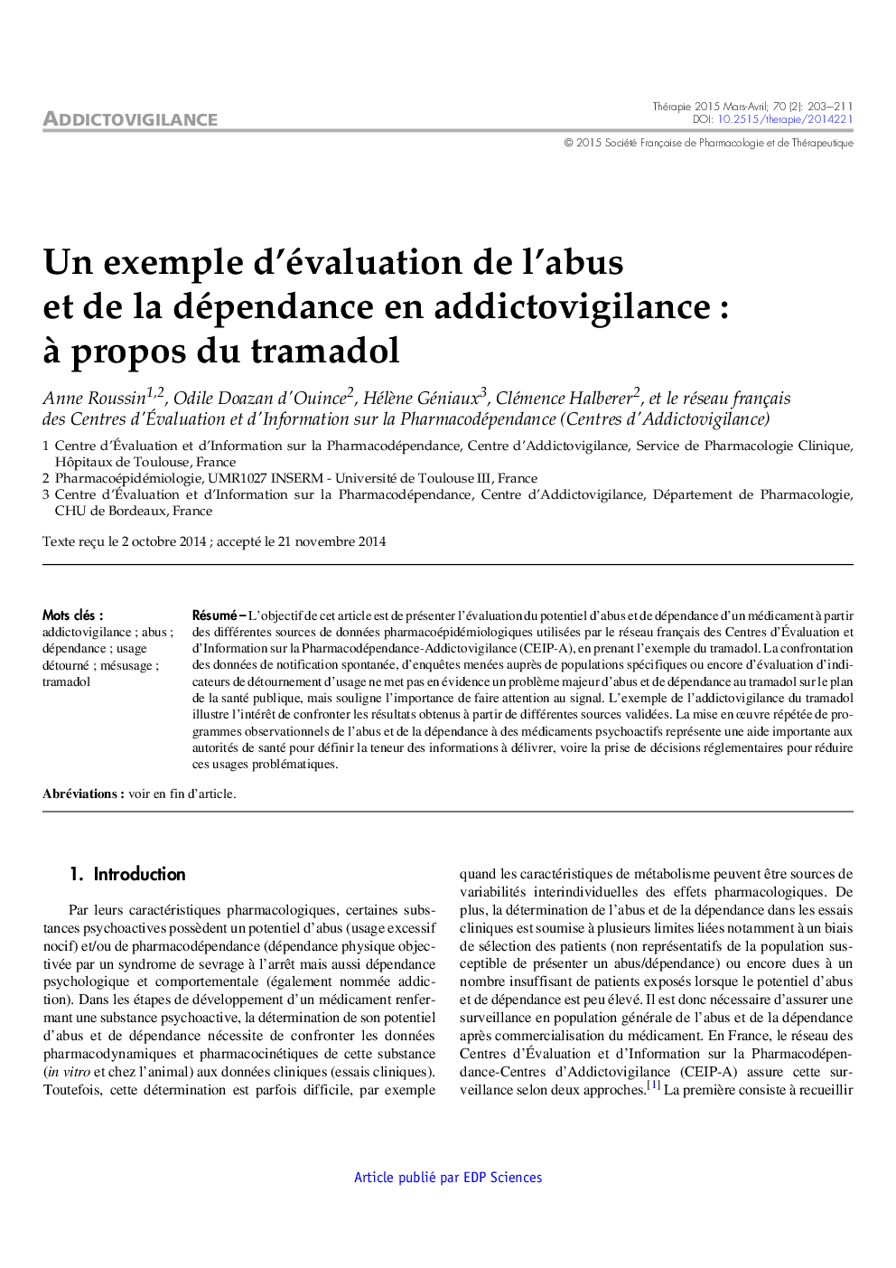 Un exemple d'évaluation de l'abus et de la dépendance en addictovigilance : Ã  propos du tramadol