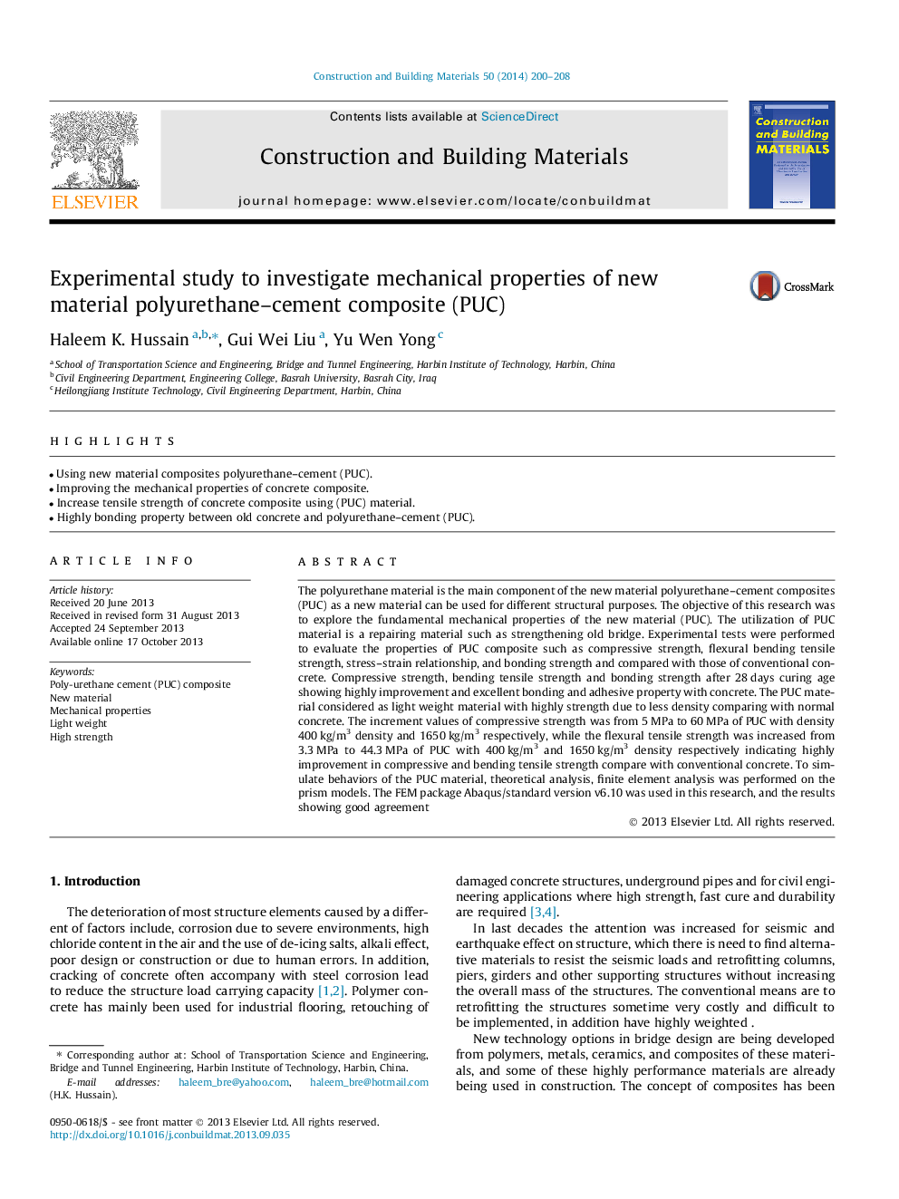 Experimental study to investigate mechanical properties of new material polyurethane–cement composite (PUC)