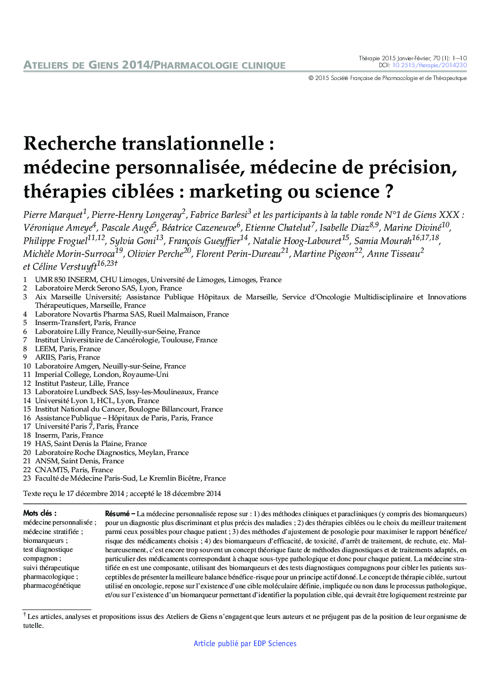 Recherche translationnelle : médecine personnalisée, médecine de précision, thérapies ciblées : marketing ou science ?