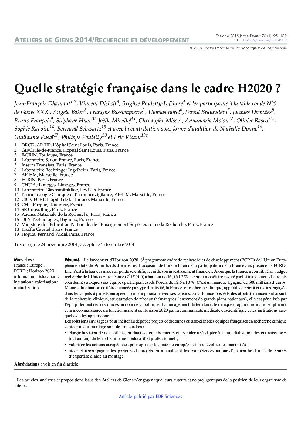 Quelle stratégie française dans le cadre H2020 ?