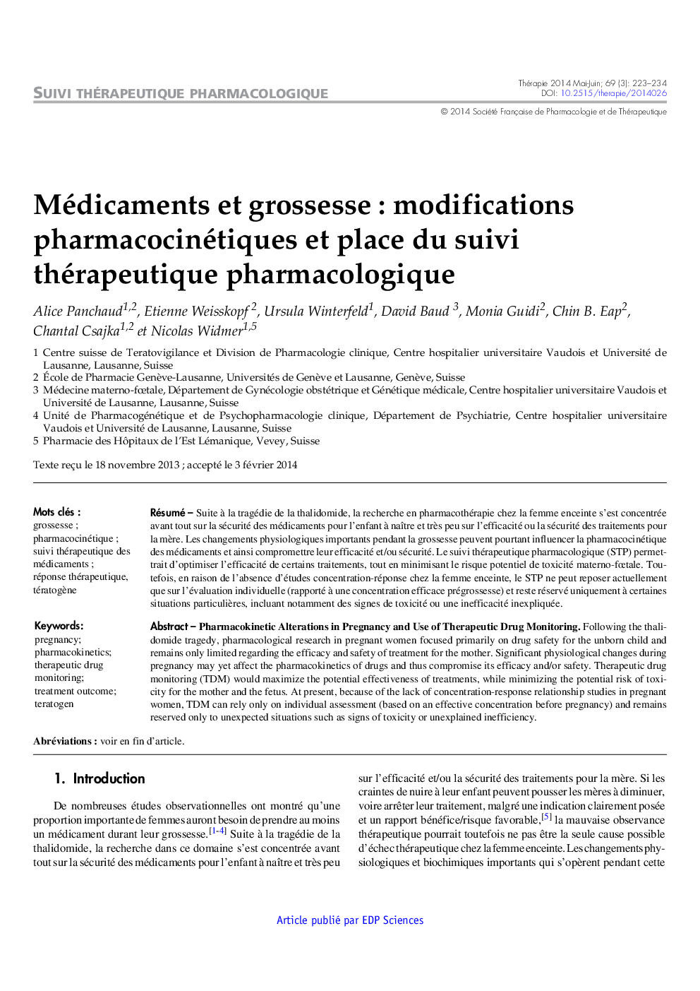 Médicaments et grossesse : modifications pharmacocinétiques et place du suivi thérapeutique pharmacologique
