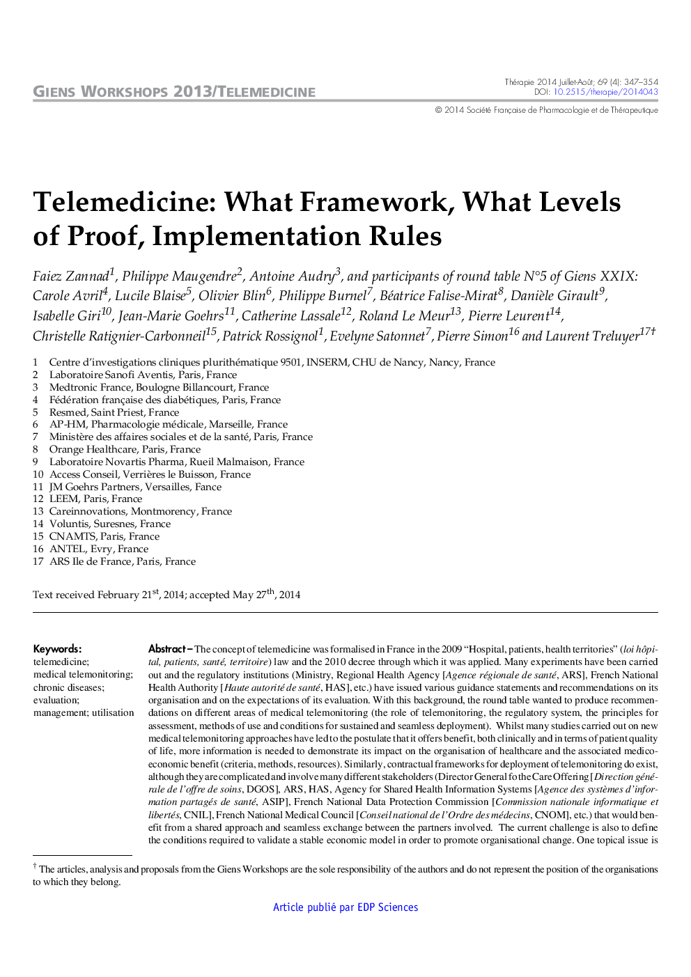 Telemedicine: What Framework, What Levels of Proof, Implementation Rules