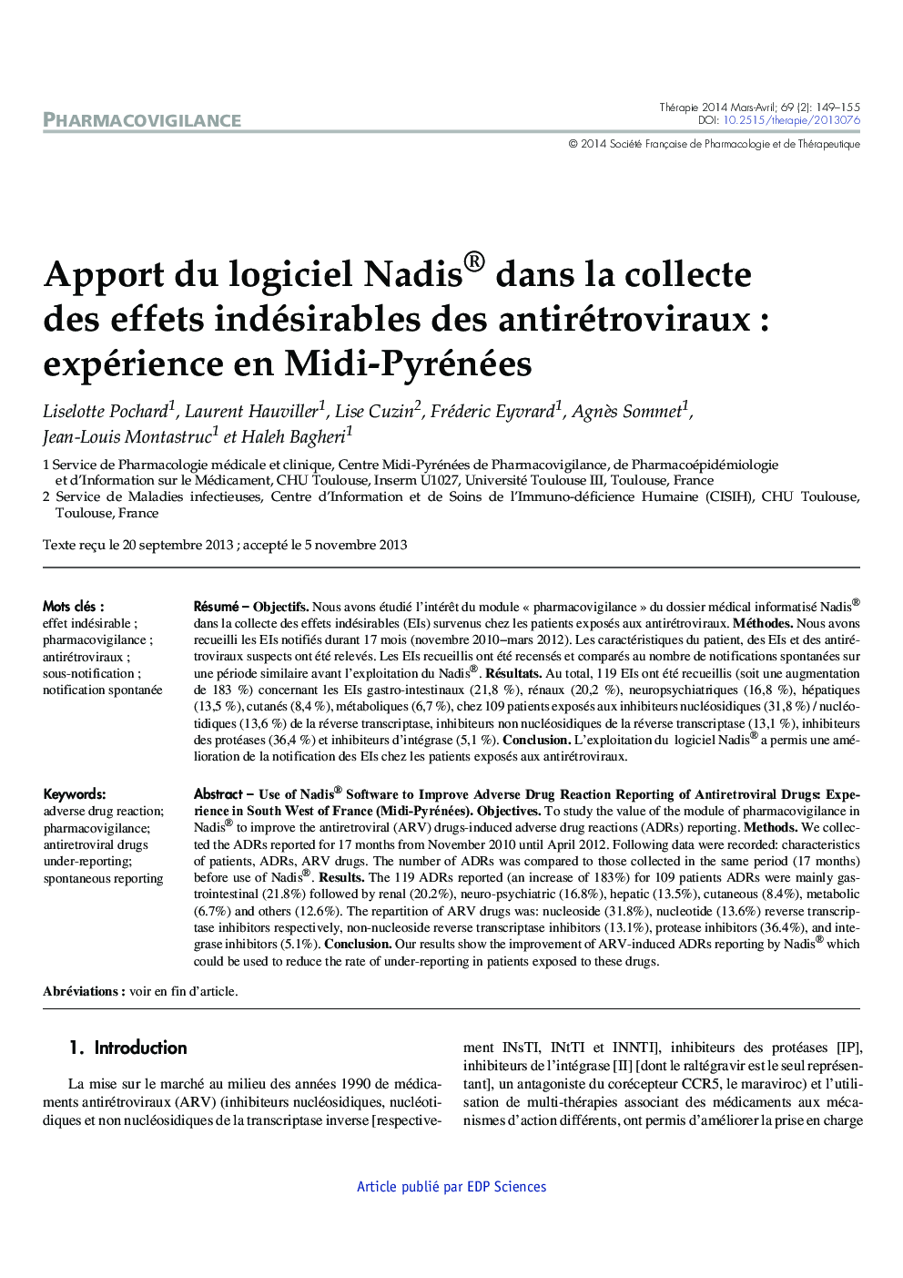 Apport du logiciel Nadis® dans la collecte des effets indésirables des antirétroviraux : expérience en Midi-Pyrénées
