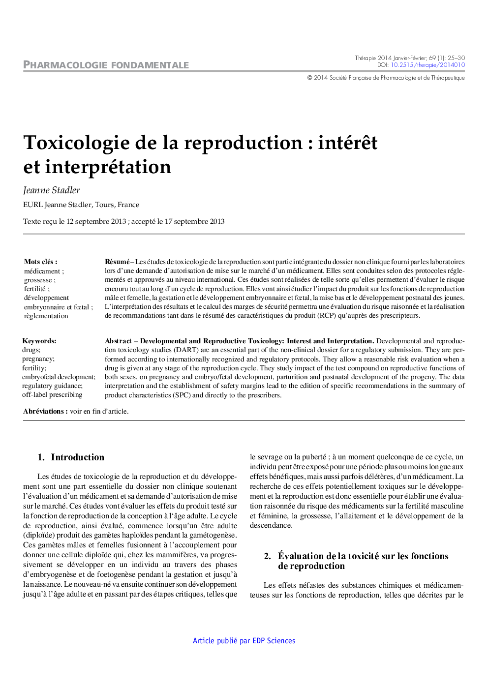 Toxicologie de la reproduction : intérÃªt et interprétation