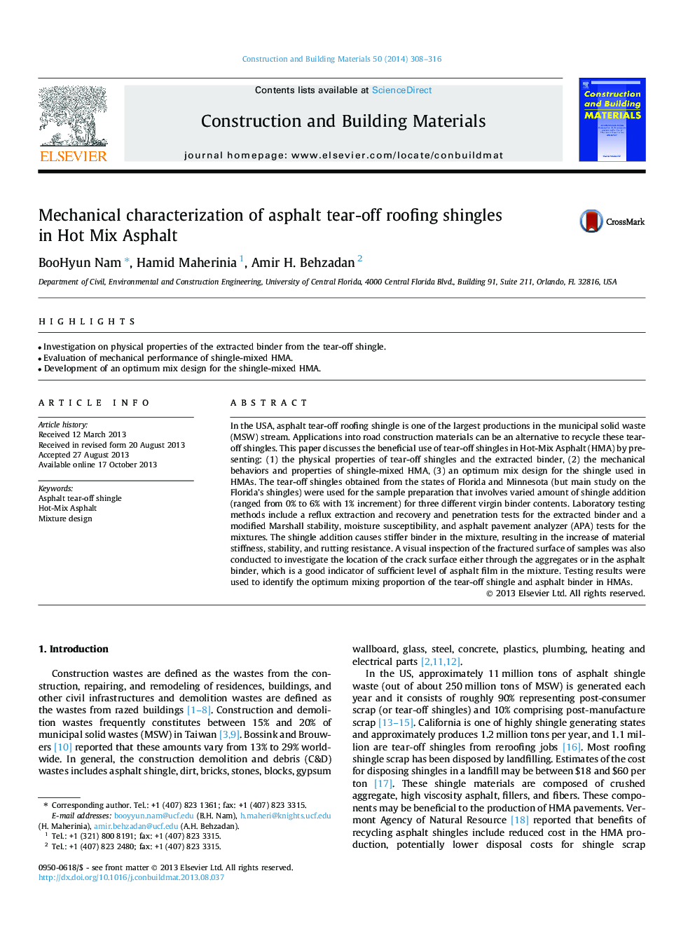 Mechanical characterization of asphalt tear-off roofing shingles in Hot Mix Asphalt