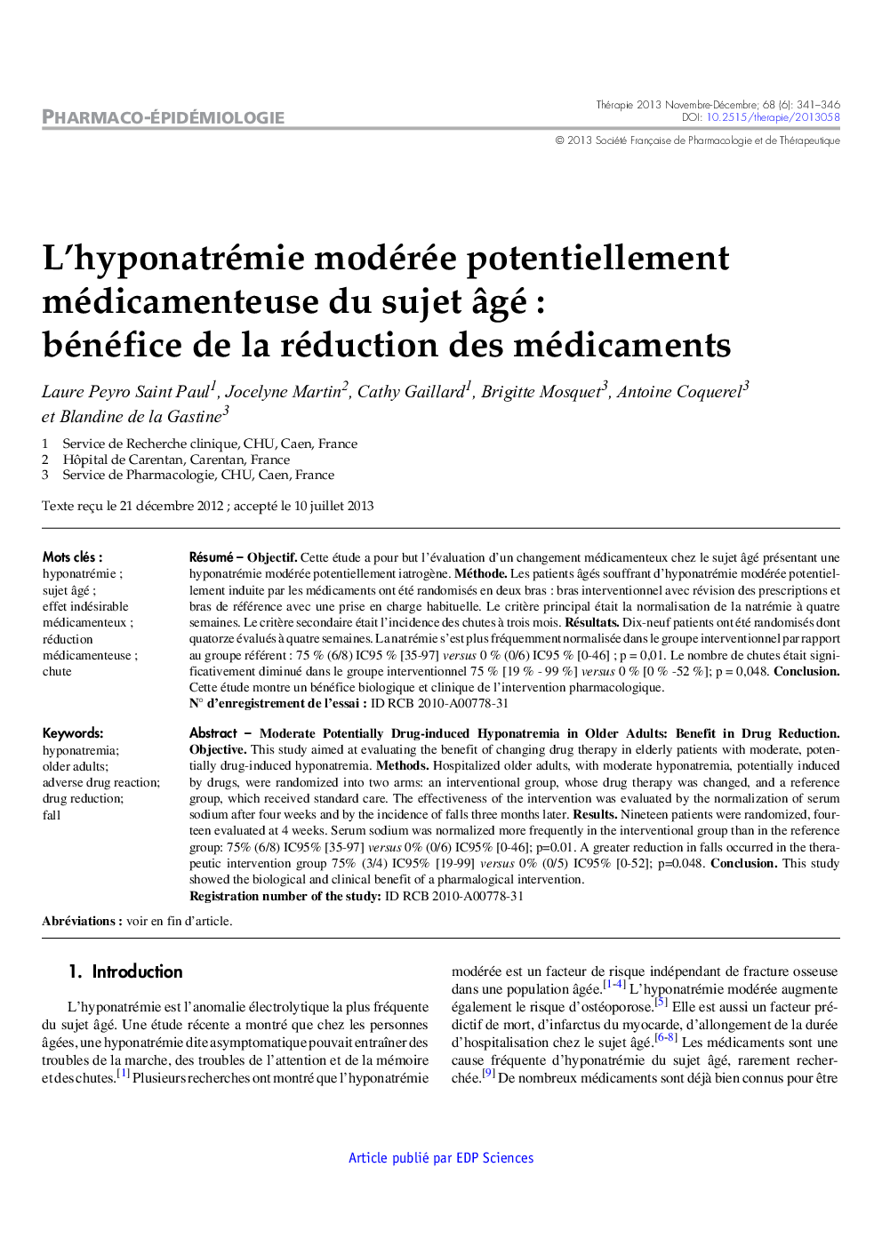 L'hyponatrémie modérée potentiellement médicamenteuse du sujet Ã¢gé : bénéfice de la réduction des médicaments