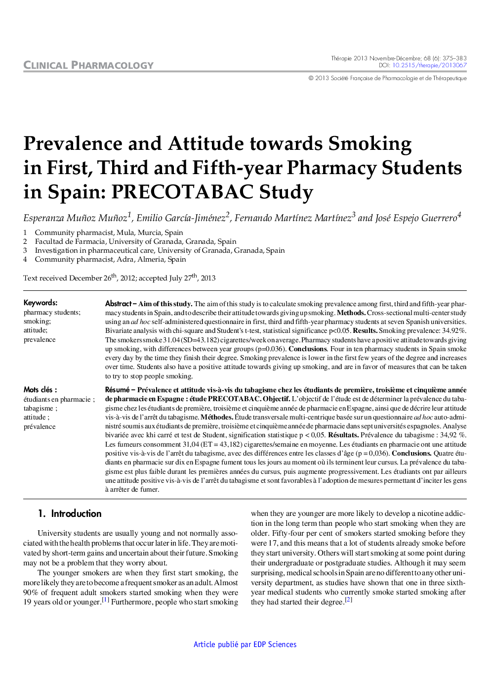 Prevalence and Attitude towards Smoking in First, Third and Fifth-year Pharmacy Students in Spain: PRECOTABAC Study
