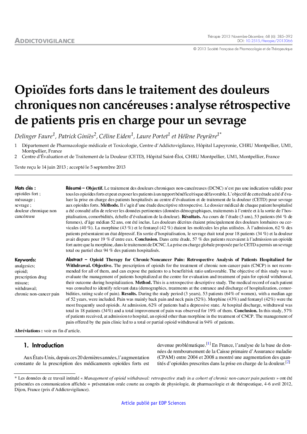 Opioïdes forts dans le traitement des douleurs chroniques non cancéreuses : analyse rétrospective de patients pris en charge pour un sevrage