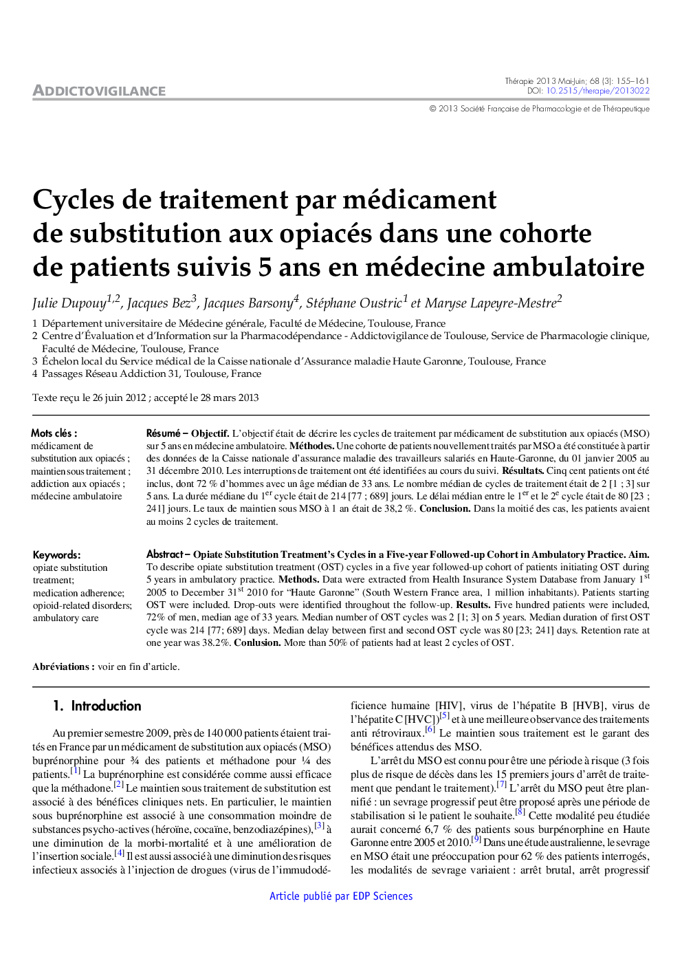 Cycles de traitement par médicament de substitution aux opiacés dans une cohorte de patients suivis 5 ans en médecine ambulatoire