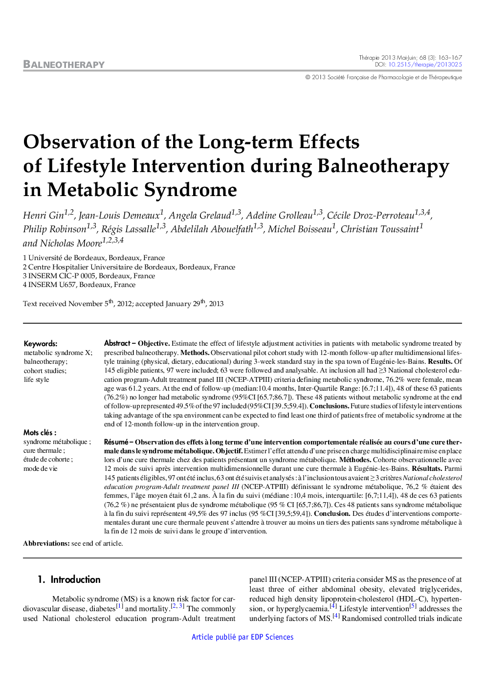 Observation of the Long-term Effects of Lifestyle Intervention during Balneotherapy in Metabolic Syndrome