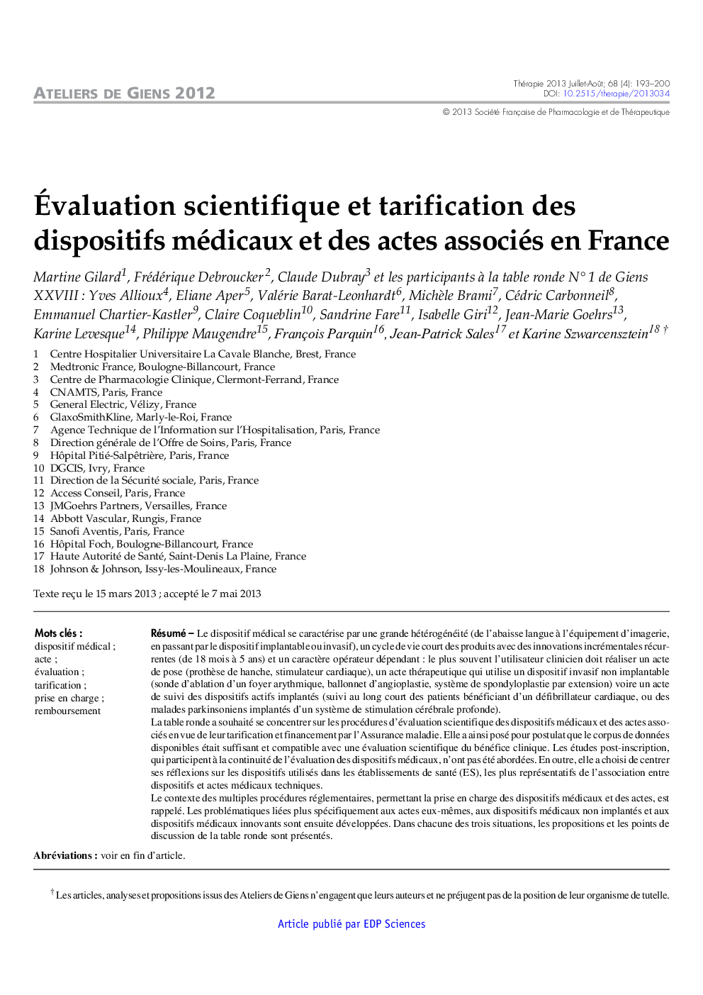 Ãvaluation scientifique et tarification des dispositifs médicaux et des actes associés en France