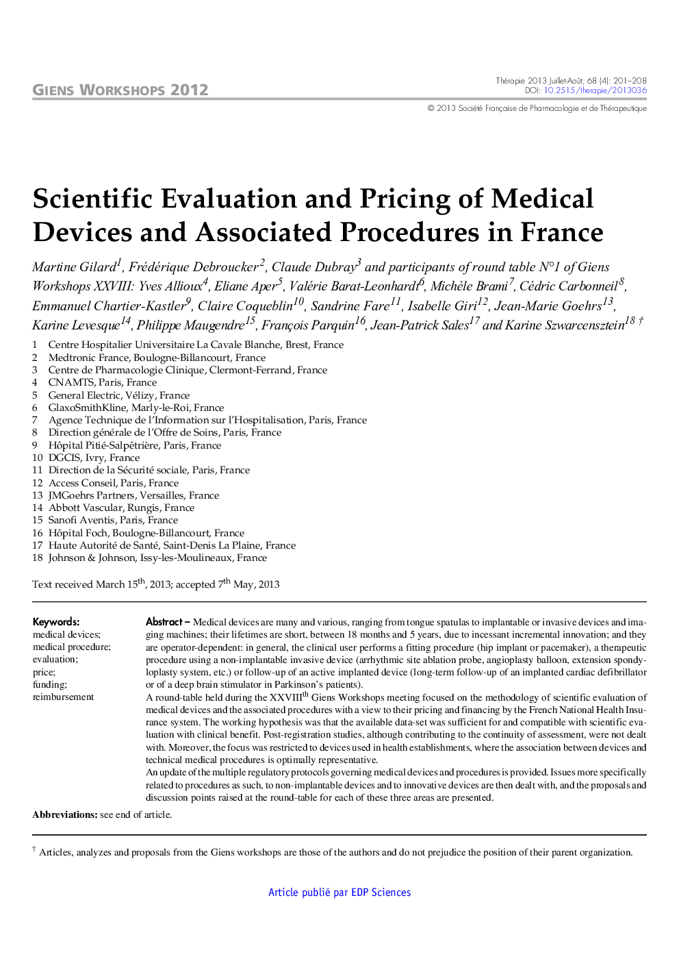 Scientific Evaluation and Pricing of Medical Devices and Associated Procedures in France