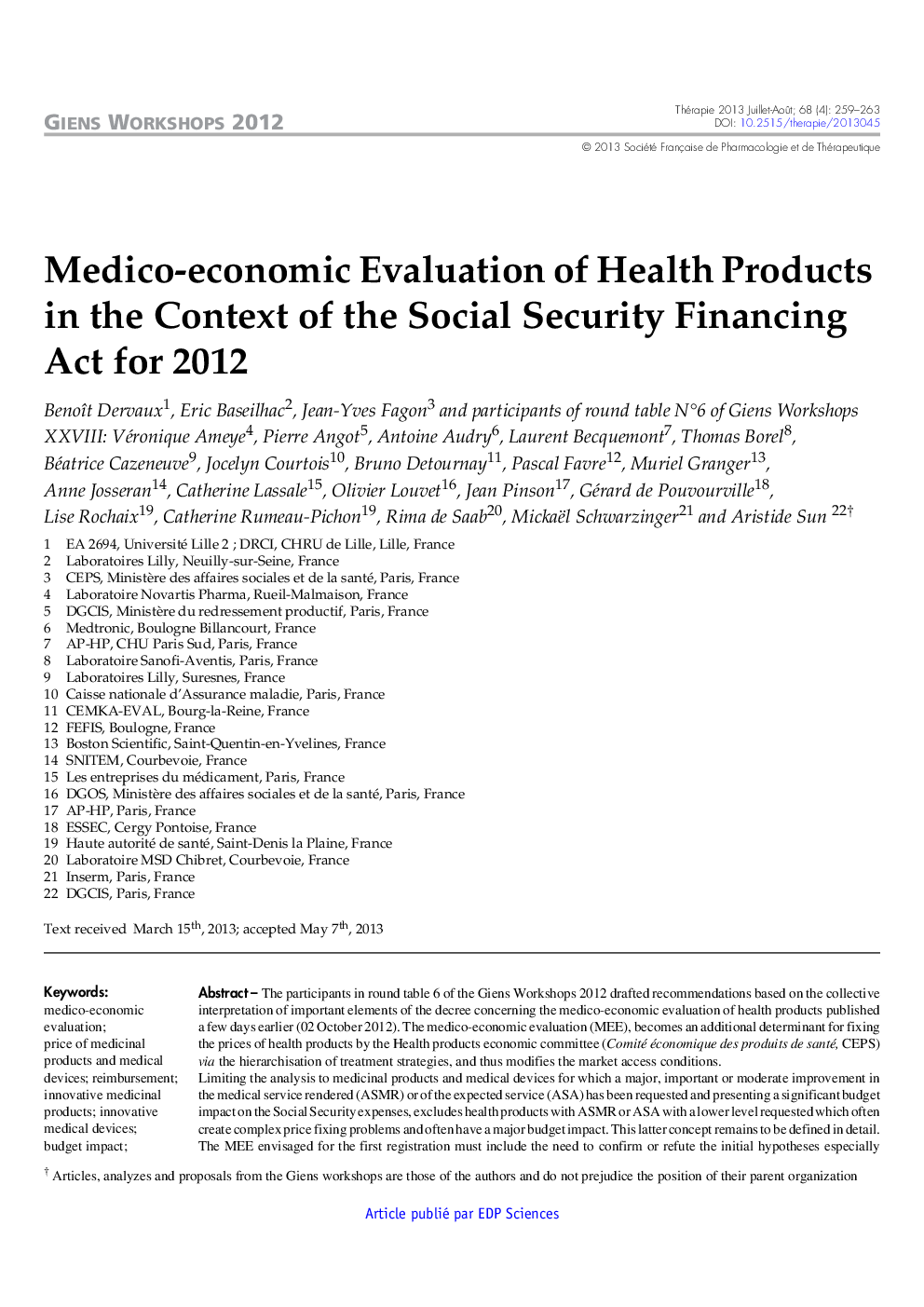 Medico-economic Evaluation of Health Products in the Context of the Social Security Financing Act for 2012