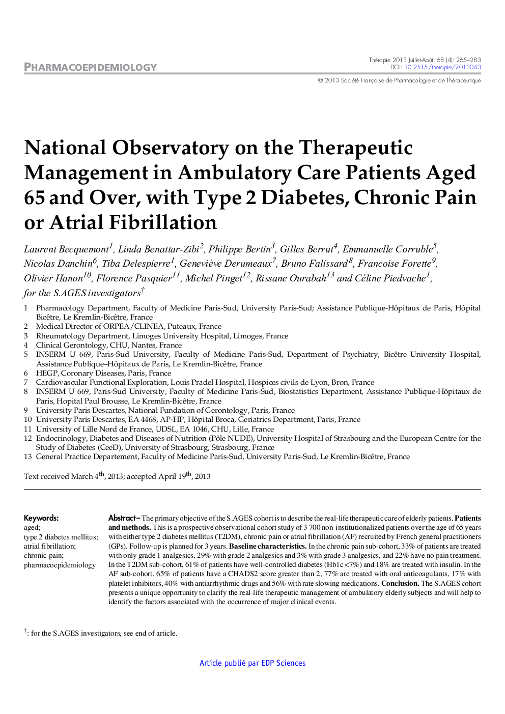 National Observatory on the Therapeutic Management in Ambulatory Care Patients Aged 65 and Over, with Type 2 Diabetes, Chronic Pain or Atrial Fibrillation