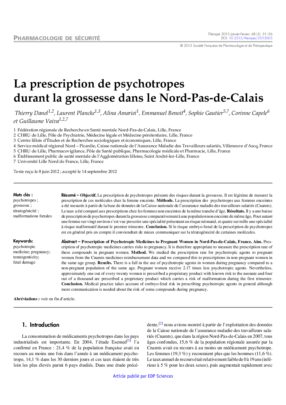 La prescription de psychotropes durant la grossesse dans le Nord-Pas-de-Calais